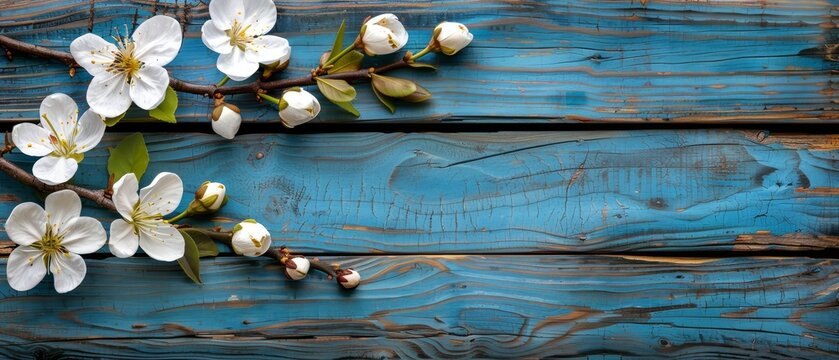   A branch of an apple tree blooming with white flowers against a blue backdrop of painted wood planks, provision for text