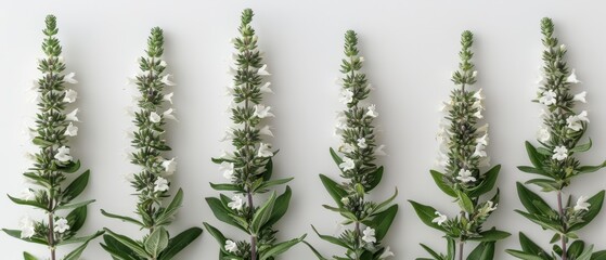   A row of flowers, white in the middle with green leaves, arranged on a white surface