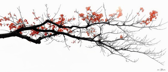   A tree branch, silhouetted against a white sky, bears red flowers in the foreground
