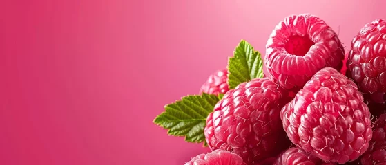 Deurstickers   A cluster of red raspberries with verdant leaves against a pink backdrop, crowned by an uppermost green leaf © Jevjenijs