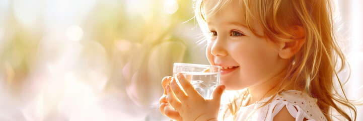 Pretty little child drinking fresh water on sunny summer day at home. Cute preschool kid holding glass of pure mineral water. Healthy lifestyle for kids.