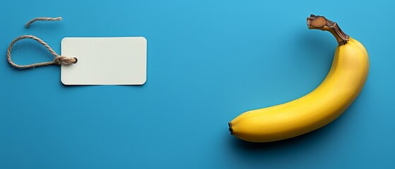   A banana rests atop a blue backdrop, near a white paper square with a string attachment