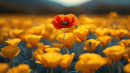 field of yellow poppies with one red poppy. Generated AI.