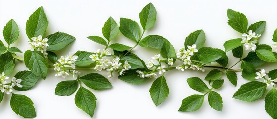  leaves in rich green hues, contrasted by delicate white blossoms Ample room remains on the left side for text integration - obrazy, fototapety, plakaty