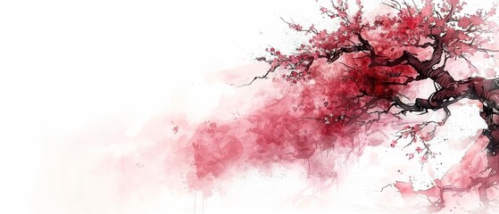   A tree painting with red-leafed branches in the foreground against a pure white background - obrazy, fototapety, plakaty