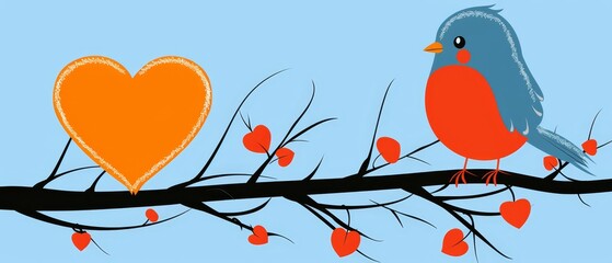   Birds perched on a tree branch with an orange-blue heart-shaped paper nearby