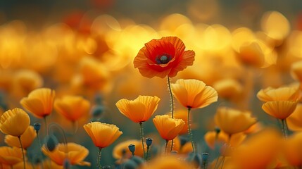 field of yellow poppies with one red poppy. Generated AI.