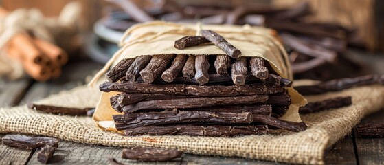   A bundle of chocolate sticks neatly stacked on a burled fabric cloth