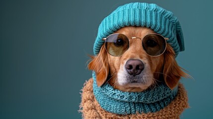   A dog wearing sunglasses and a knitted hat, with scarves around its neck