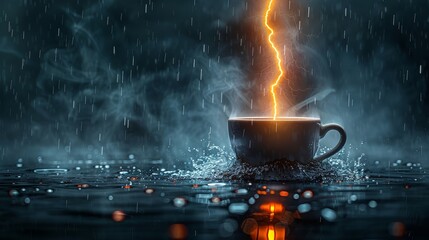   A cup of coffee overlaid with a lightning bolt emerging from its surface, in the midst of a tranquil body of water