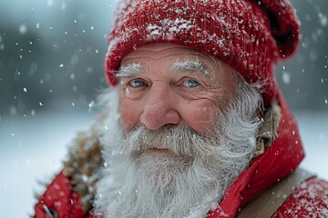 Santa is walking down a city street, with gifts, winter, snow, holiday decorations