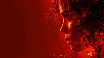   A tight shot of a face against a vibrant red backdrop, adorned with fire-like sprinkles