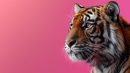   A tight shot of a tiger's face against a pink backdrop, subtly blurring another pink tiger face