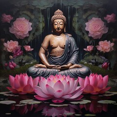 illustration of buddha sitting on a lotus flowerbuddhist arta lotus, Generative ai
