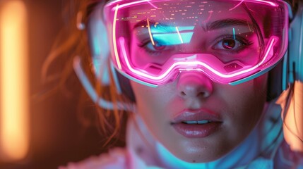  A tight shot of an individual donning goggles adorned with neon lights, reflected in a mirror