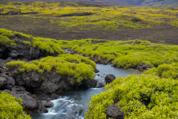 Obraz premium A winding river reflects the vibrant green canopy of a lush summer forest under a cloudy sky