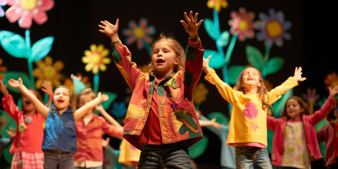 Kindergarten kids participating in spring themed school play. Cheerful children performing on theater stage in front of their parents. Creative leisure for elementary school students.