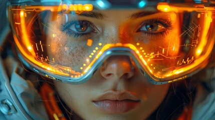   A tight shot of someone donning ski goggles, lit up by glowing lenses, mirrored in the tinted lenses