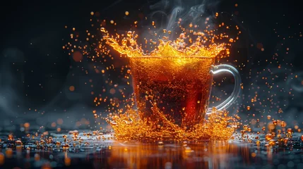 Foto op Plexiglas   A cup of tea with liquid spilling, tabletop foreground, hazy background © Jevjenijs