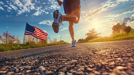 Jogging with American Flag - obrazy, fototapety, plakaty