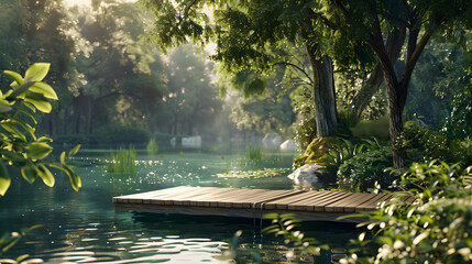 A wooden dock sits on a lake surrounded by trees and foliage - obrazy, fototapety, plakaty