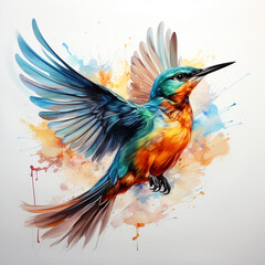 Rainbow colored bird flying watercolor on white background