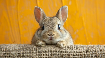   A tiny rabbit atop a burlap-covered couch gazes at the camera, situated next to a sunny yellow wooden wall