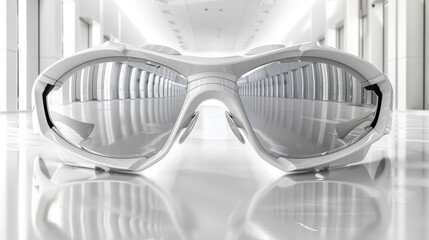   A pair of white goggles rests on a pristine white floor, before a line of unbroken white walls