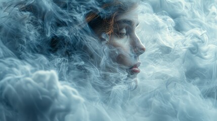   A woman enshrouded in smoke, eyes shut, facial features partly concealed - obrazy, fototapety, plakaty