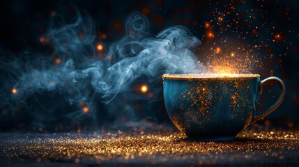   A table bears a steaming cup of coffee, enshrouded in plumes of rising steam Gold glitter surrounds the scene - obrazy, fototapety, plakaty