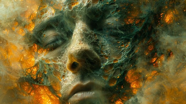  Woman's face encircled by orange-green smoke