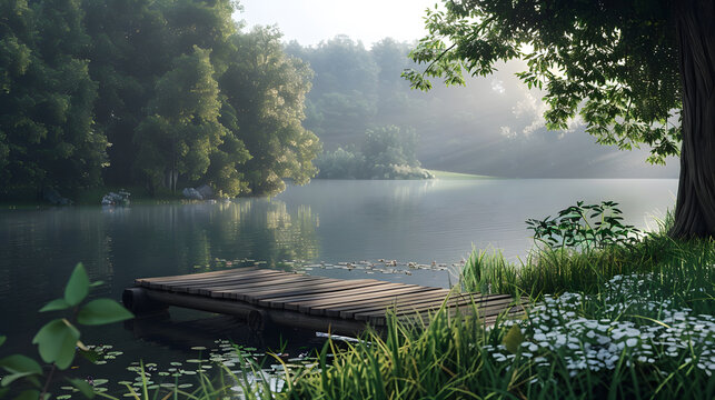 A wooden dock sits on a lake surrounded by trees and foliage