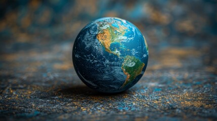   A detailed view of a blue-green globe against a black background, adorned with golden speckles at its edges