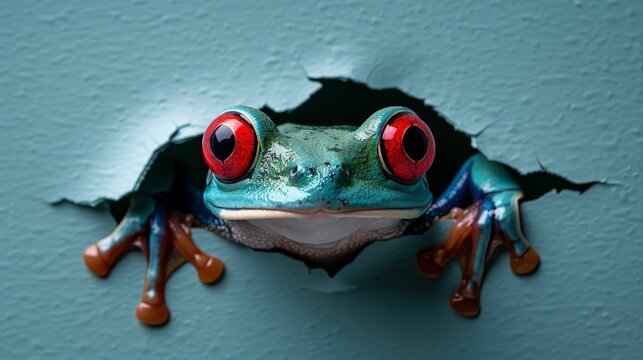   A frog, its red eyes peeking from a hole in a weathered wall, as paint chips flake off its aged surface