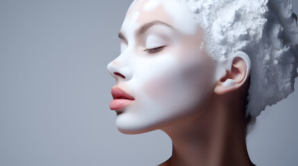 Beautiful cute face of a girl in profile as an advertisement for facial care or an art object, a layer of white cream is applied to fair skin, the hair is covered with a thick white layer