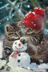 Cute adorable kittens making snowman, winter day. Cats play in snow. Realistic illustration.