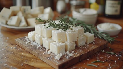   A wooden cutting board bearing cubed cheese and a rosemary sprig atop it