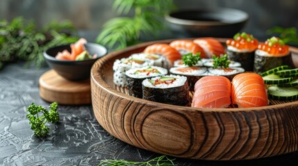   A black table holds a wooden bowl brimming with assorted sushi Nearby, a separate bowl presents steamed broccoli - obrazy, fototapety, plakaty