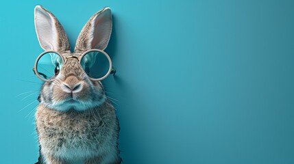   A rabbit dons glasses atop its head Nearby, a blue wall bears a circular hole