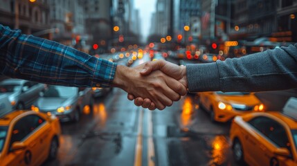   A tight shot of two individuals shaking hands against a city backdrop - taxis and buildings included - obrazy, fototapety, plakaty