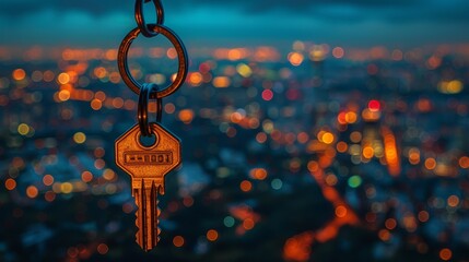   A key on a chain, focused tightly, against a backdrop of a cityscape