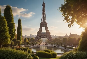 French Eifel Tower on a beautiful summer day. Paris Eiffel Tower and Trocadero garden at sunset in...