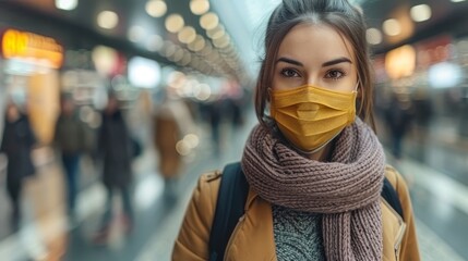  A woman in a face mask stands before a crowded train station, her neck swathed in a scarf