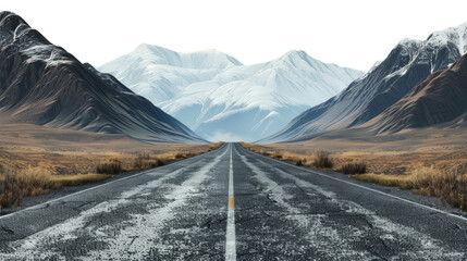 Desert road leading towards snow-capped mountains isolated on transparent background - obrazy, fototapety, plakaty