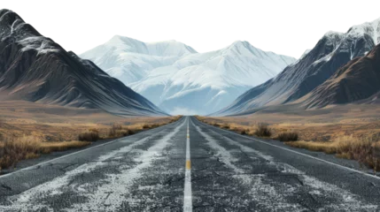 Fotobehang Desert road leading towards snow-capped mountains isolated on transparent background © David
