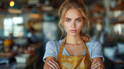   A woman in an apron, arms crossed, seriously gazes into the camera at a counter - obrazy, fototapety, plakaty