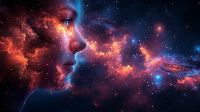  A tight shot of a human face gazing at a vast starfield and a helical galaxy
