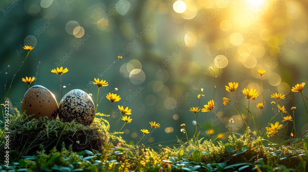 Canvas Prints   A couple of eggs on moss-covered ground near a forest of yellow daisies