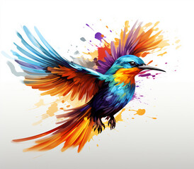 Rainbow colored bird flying watercolor on white background