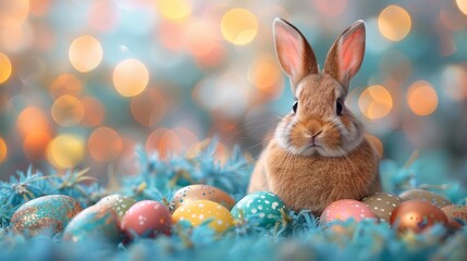 Fototapeta na wymiar A rabbit seated amidst a stack of Easter eggs with a softly focused background of twinkling lights